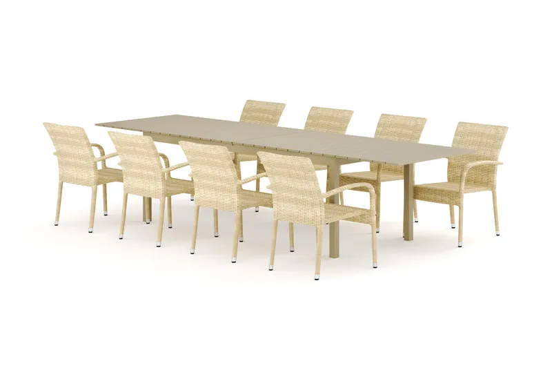Tunis udendørs spisegruppe, udtrækkelig 205/305x90 cm med 8 Thor Light udendørs lænestole - Beige/Beige - Havemøbler - Udendørsgruppe - Havesæt