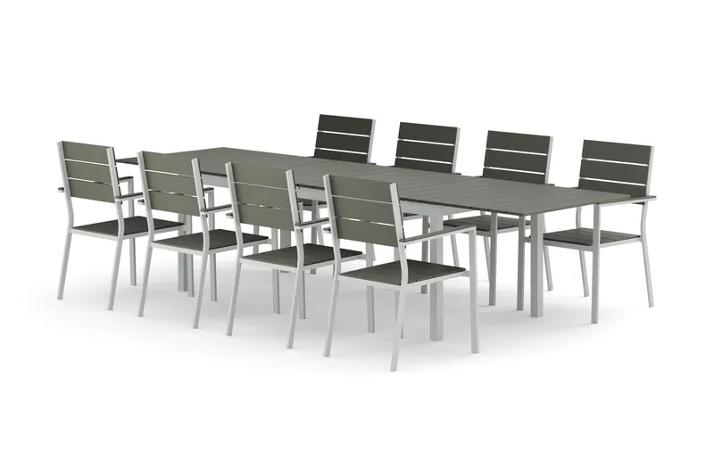 Tunis udendørs spisegruppe, udtrækkelig 205/305x90 cm med 8 Tunis stabelstole, Hvid/Grå