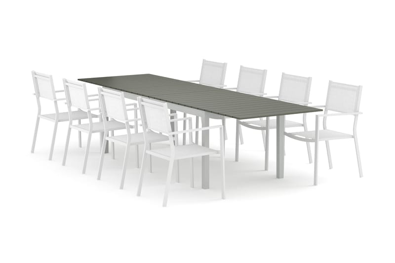Tunis udendørs spisegruppe, udtrækkelig 205/305x90 cm med 8 Tunis stabelstole, Hvid/Grå