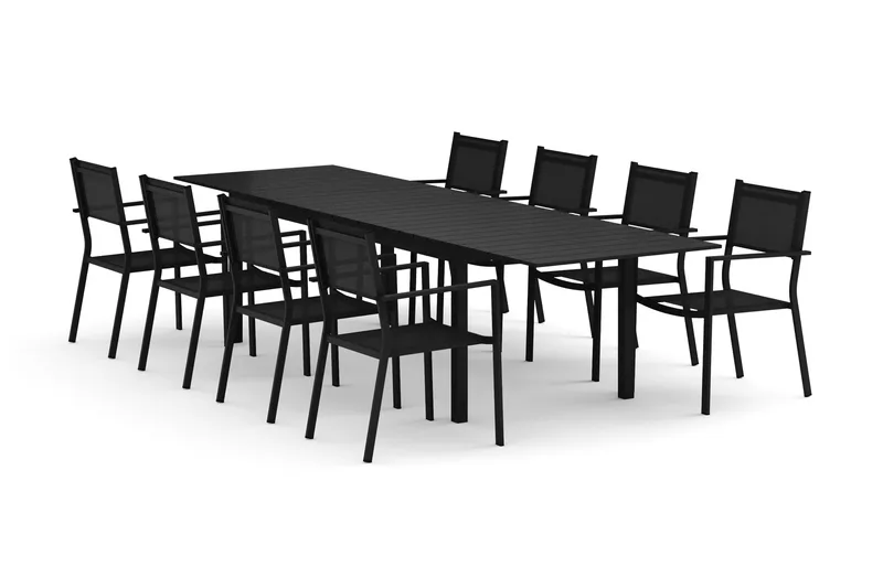 Tunis udendørs spisegruppe, udtrækkelig 205/305x90 cm med 8 Tunis stabelstole, Sort/Sort