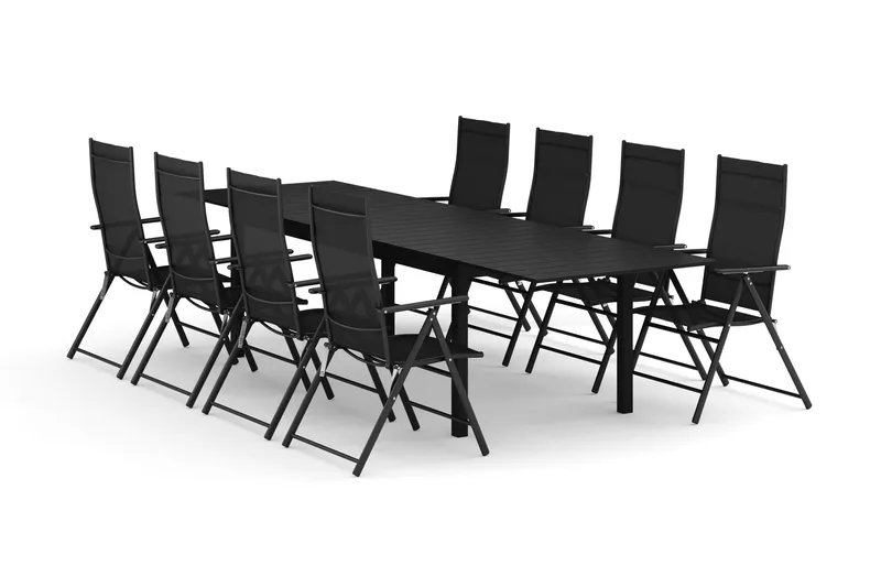 Tunis udendørs spisegruppe, udtrækkelig 205/305x90 cm med 8 positionsstole, Sort/Sort