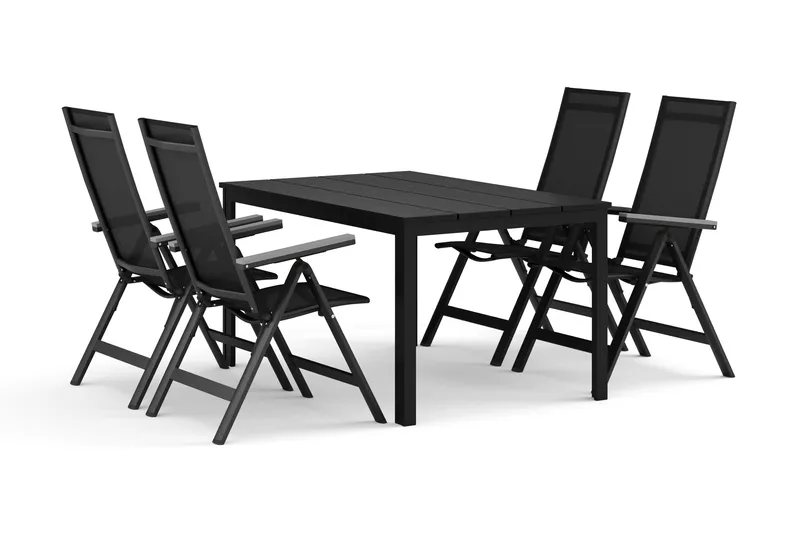 Tunis udendørs spisegruppe 140x90 cm med 4 Monaco Light positionsstole, Sort/Sort