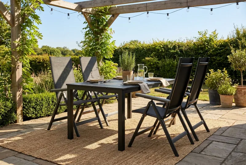 Tunis udendørs spisegruppe 140x90 cm med 4 Monaco Light positionsstole - Sort/Sort - Havemøbler - Udendørsgruppe - Havesæt