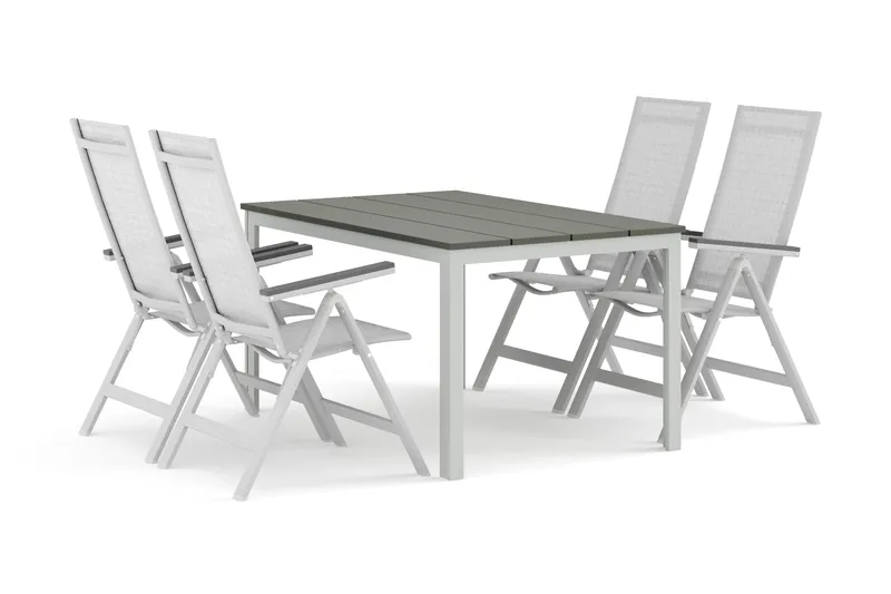 Tunis udendørs spisegruppe 140x90 cm med 4 Monaco Light positionsstole, Hvid/Grå