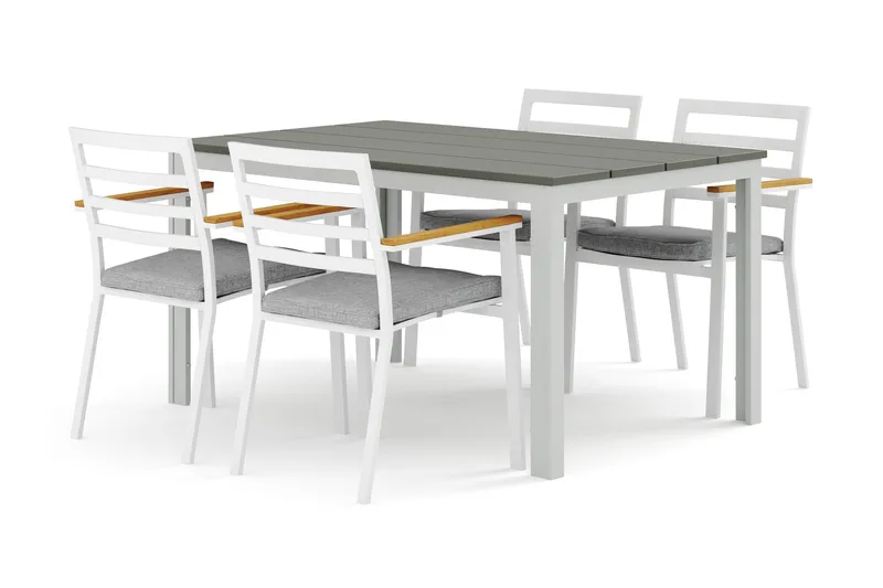 Tunis udendørs spisegruppe 140x90 cm med 4 Oliver karmstole med hynde, Hvid/Grå