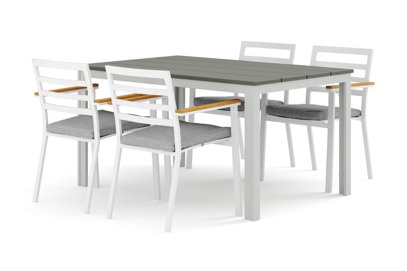 Tunis udendørs spisegruppe 140x90 cm med 4 Oliver karmstole med hynde, Hvid/Grå