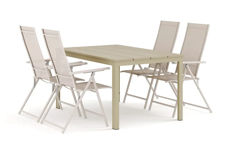 Tunis udendørs spisegruppe 140x90 cm med 4 Sanna positionsstole, Beige/Beige