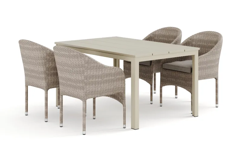 Tunis udendørs spisegruppe 140x90 cm med 4 Thor lænestole, Beige/Beige