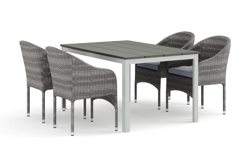 Tunis udendørs spisegruppe 140x90 cm med 4 Thor lænestole, Hvid/Grå