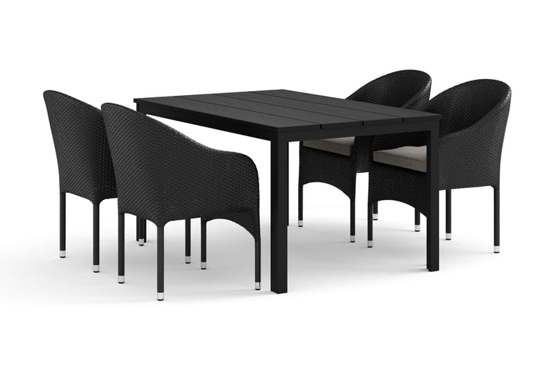 Tunis udendørs spisegruppe 140x90 cm med 4 Thor lænestole, Sort/Sort