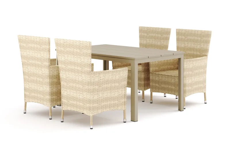 Tunis udendørs spisegruppe 140x90 cm med 4 Thor udendørs lænestole, Beige/Beige