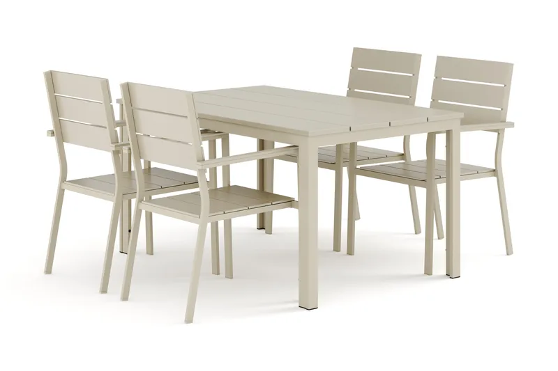 Tunis udendørs spisegruppe 140x90 cm med 4 Tunis stabelstole, Beige/Beige