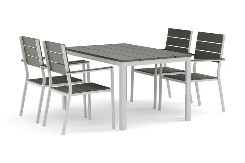 Tunis udendørs spisegruppe 140x90 cm med 4 Tunis stabelstole, Hvid/Grå