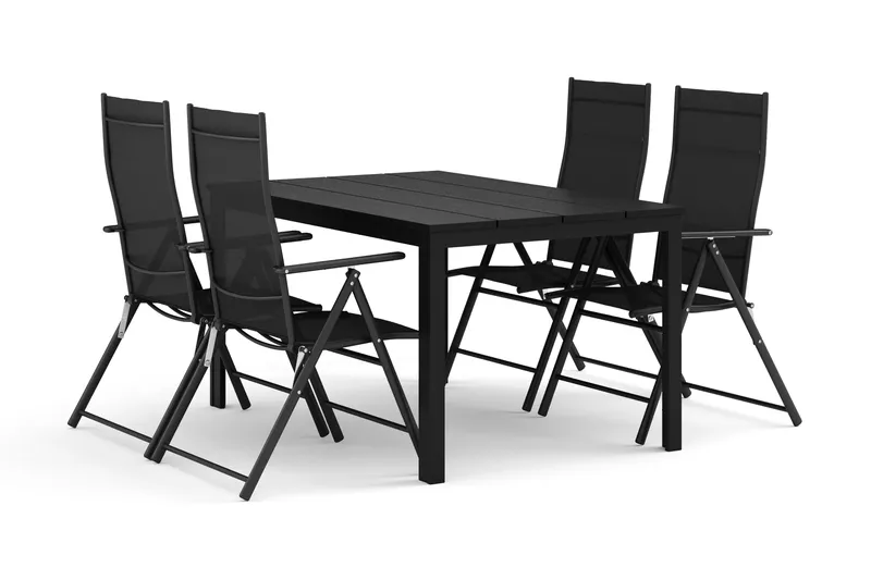 Tunis udendørs spisegruppe 140x90 cm med 4 positionsstole, Sort/Sort