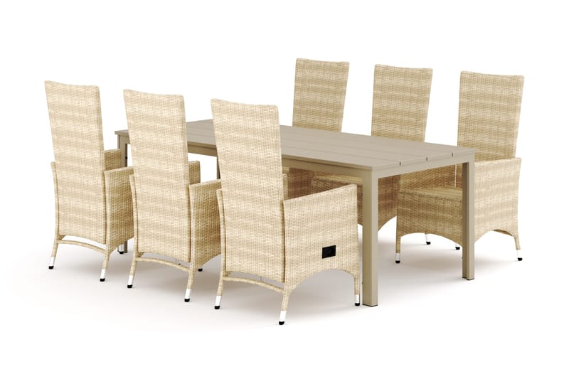 Tunis udendørs spisegruppe 205x90 cm med 6 Jenny spisebordsstole, Beige/Beige