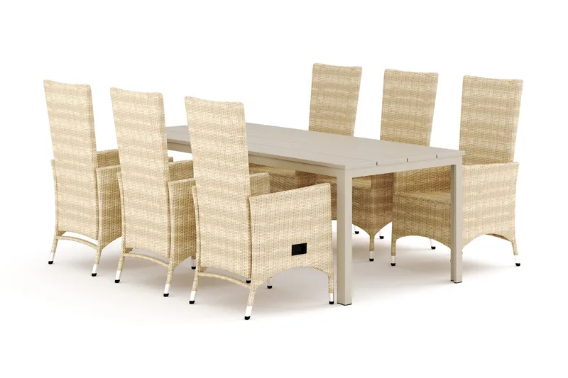 Tunis udendørs spisegruppe 205x90 cm med 6 Jenny spisebordsstole, Beige/Beige