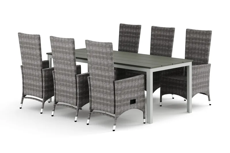 Tunis udendørs spisegruppe 205x90 cm med 6 Jenny spisestole, Hvid/Grå