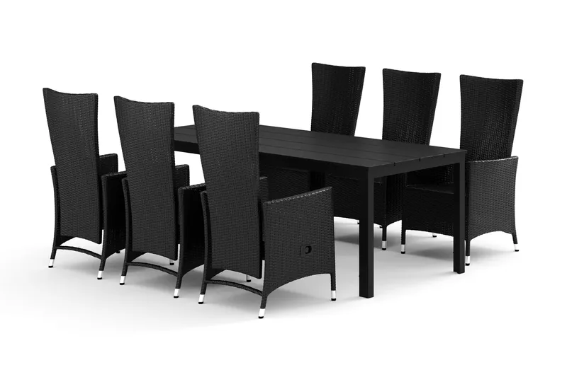 Tunis udendørs spisegruppe 205x90 cm med 6 Jenny spisestole - Sort/Sort - Havemøbler - Udendørsgruppe - Havesæt