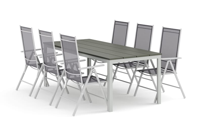 Tunis udendørs spisegruppe 205x90 cm med 6 Maggie positionsstole, Hvid/Grå