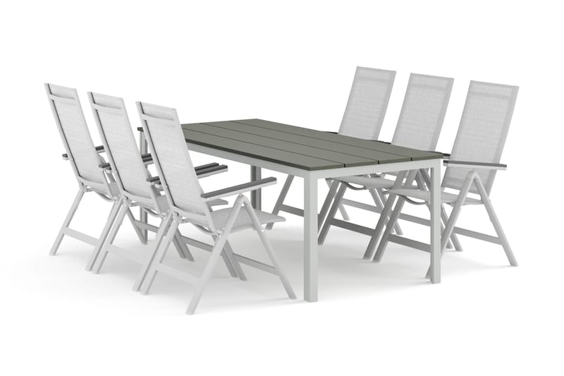 Tunis udendørs spisegruppe 205x90 cm med 6 Monaco Light positionsstole, Hvid/Grå
