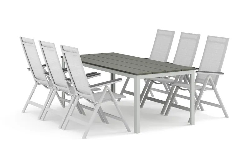Tunis udendørs spisegruppe 205x90 cm med 6 Monaco Light positionsstole, Hvid/Grå