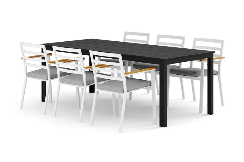 Tunis udendørs spisegruppe 205x90 cm med 6 Oliver armstole med hynde, Sort/Sort