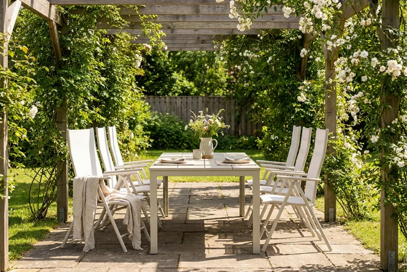 Tunis udendørs spisegruppe 205x90 cm med 6 Sanna positionsstole - Beige/Beige - Havemøbler - Udendørsgruppe - Havesæt