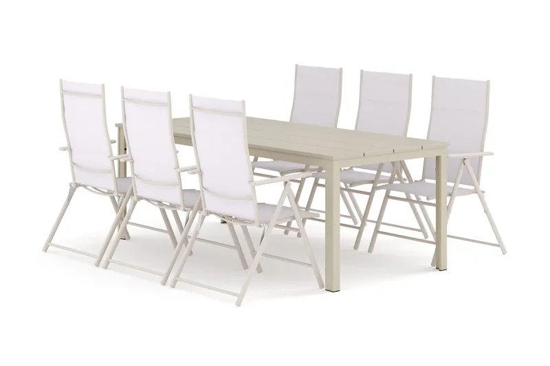 Tunis udendørs spisegruppe 205x90 cm med 6 Sanna positionsstole - Beige/Beige - Havemøbler - Udendørsgruppe - Havesæt