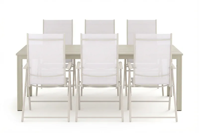 Tunis udendørs spisegruppe 205x90 cm med 6 Sanna positionsstole - Beige/Beige - Havemøbler - Udendørsgruppe - Havesæt