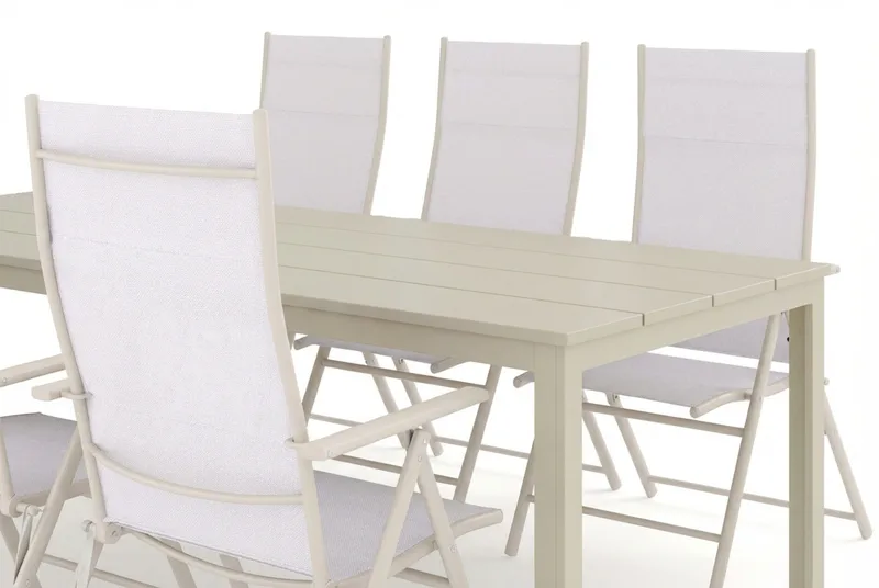 Tunis udendørs spisegruppe 205x90 cm med 6 Sanna positionsstole - Beige/Beige - Havemøbler - Udendørsgruppe - Havesæt