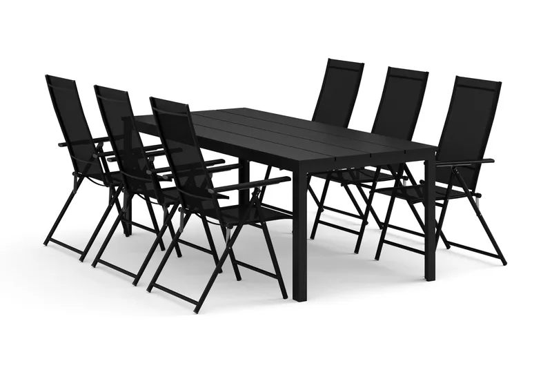 Tunis udendørs spisegruppe 205x90 cm med 6 Sanna positionsstole, Sort/Sort