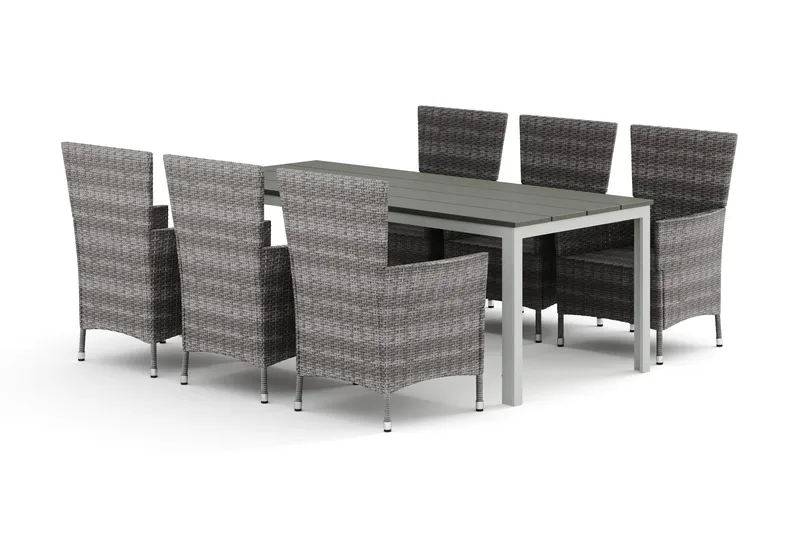 Tunis udendørs spisegruppe 205x90 cm med 6 Thor havestole med armlæn, Hvid/Grå