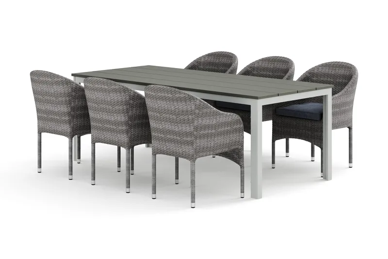 Tunis udendørs spisegruppe 205x90 cm med 6 Thor lænestole - Hvid/Grå - Havemøbler - Udendørsgruppe - Havesæt