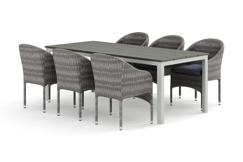 Tunis udendørs spisegruppe 205x90 cm med 6 Thor lænestole, Hvid/Grå