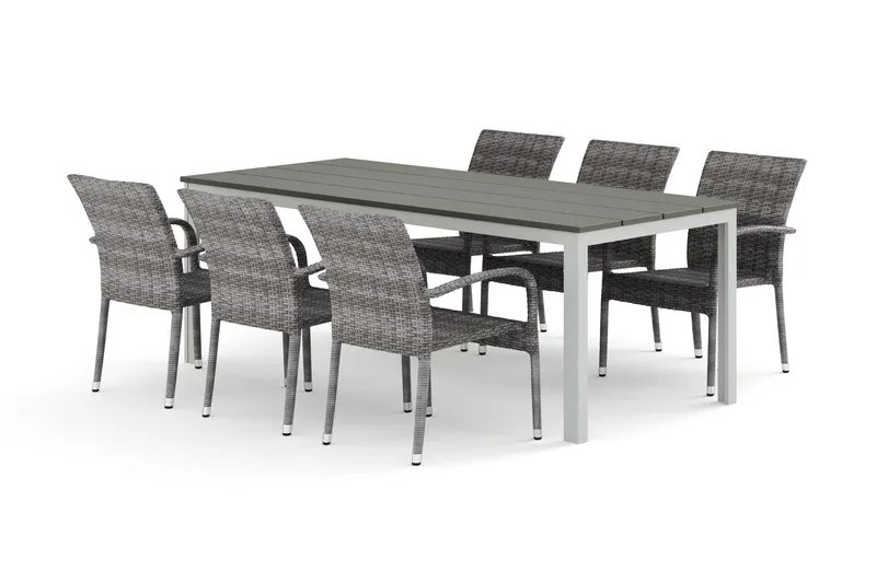 Tunis udendørs spisegruppe 205x90 cm med 6 Thor Light udendørslænestole, Hvid/Grå