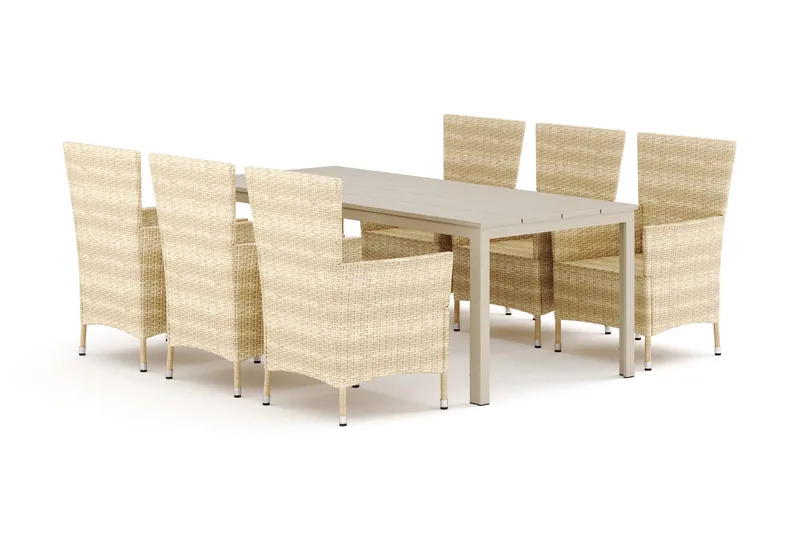Tunis udendørs spisegruppe 205x90 cm med 6 Thor udendørs lænestole, Beige/Beige