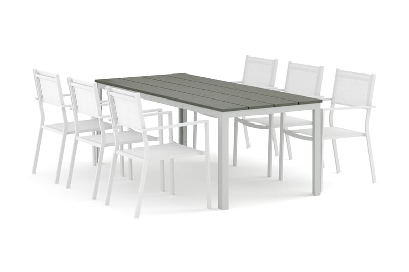 Tunis udendørs spisegruppe 205x90 cm med 6 Tunis stabelstole, Hvid/Grå