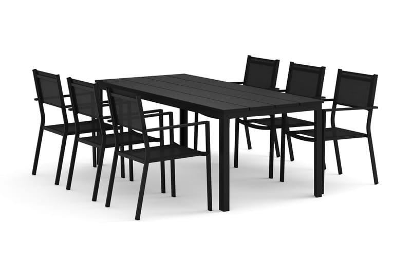 Tunis udendørs spisegruppe 205x90 cm med 6 Tunis stabelstole, Sort/Sort