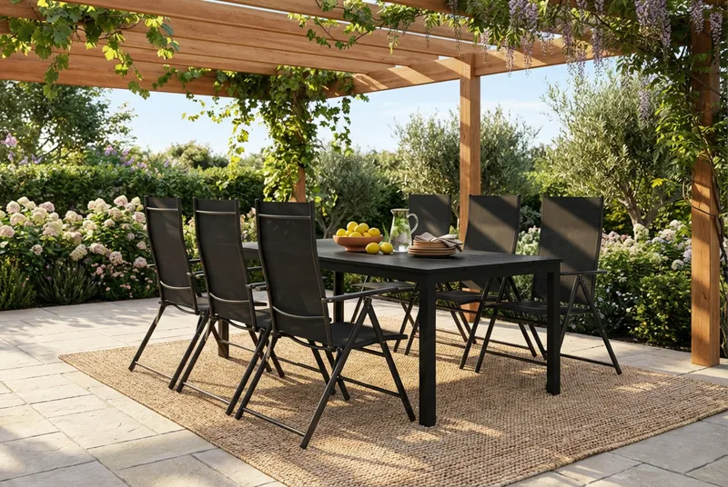 Tunis udendørs spisegruppe 205x90 cm med 6 positionsstole - Sort/Sort - Havemøbler - Udendørsgruppe - Havesæt