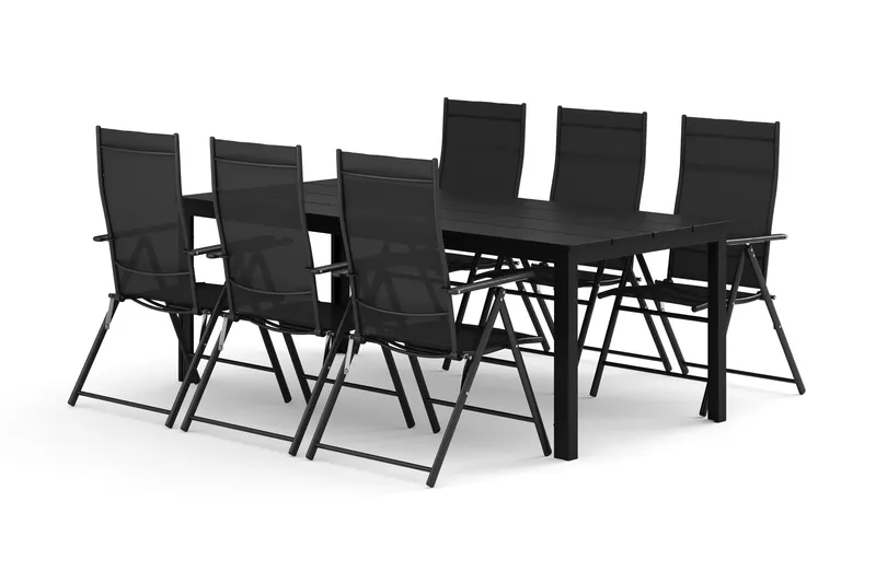 Tunis udendørs spisegruppe 205x90 cm med 6 positionsstole, Sort/Sort