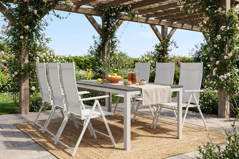 Tunis udendørs spisegruppe 205x90 cm med 6 positionsstole - Hvid/Grå - Havemøbler - Udendørsgruppe - Havesæt