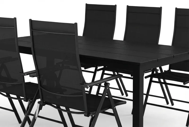 Tunis udendørs spisegruppe 205x90 cm med 6 positionsstole - Sort/Sort - Havemøbler - Udendørsgruppe - Havesæt