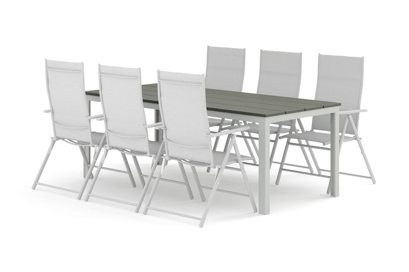 Tunis udendørs spisegruppe 205x90 cm med 6 positionsstole, Hvid/Grå