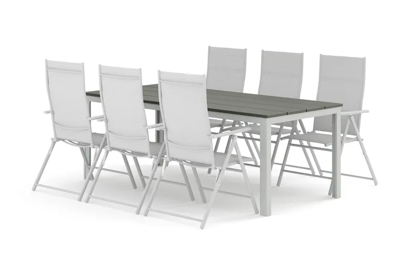 Tunis udendørs spisegruppe 205x90 cm med 6 positionsstole, Hvid/Grå