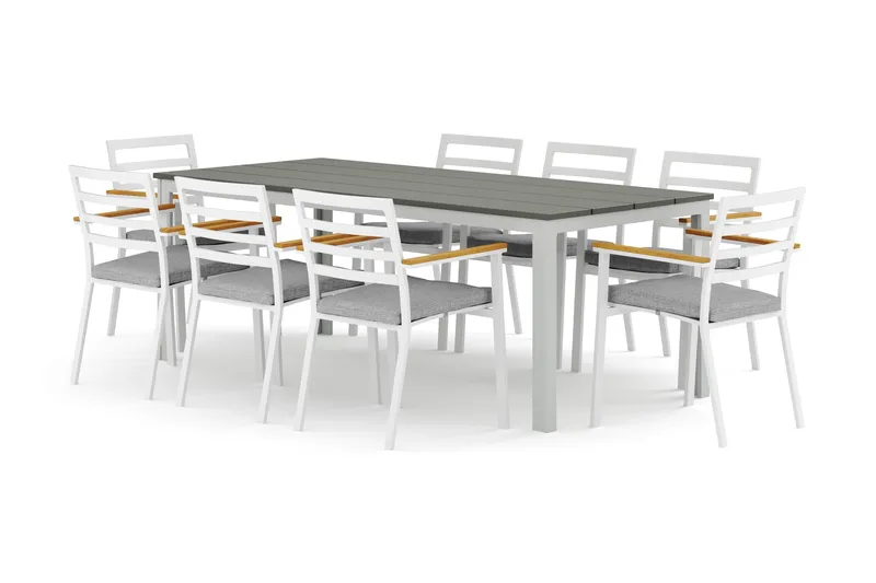 Tunis udendørs spisegruppe 205x90 cm med 8 Oliver armstole med hynde, Hvid/Grå