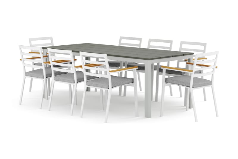 Tunis udendørs spisegruppe 205x90 cm med 8 Oliver armstole med hynde, Hvid/Grå