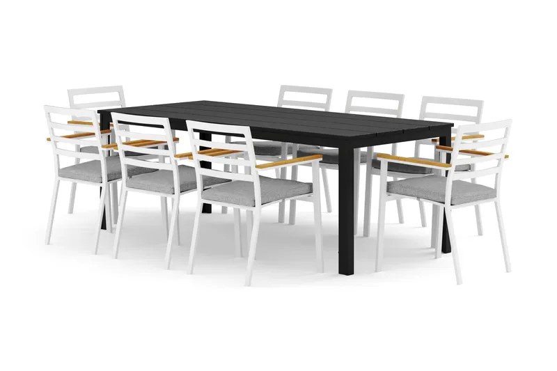 Tunis udendørs spisegruppe 205x90 cm med 8 Oliver armstole med hynde, Sort/Sort