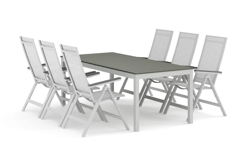 Tunis udendørs spisegruppe med udtræk 205/305x90 cm med 6 Monaco Light positionsstole, Hvid/Grå