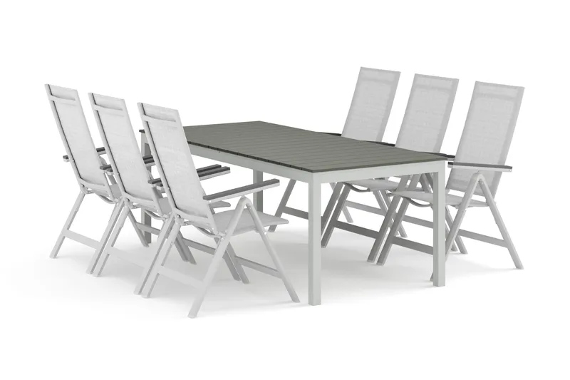 Tunis udendørs spisegruppe med udtræk 205/305x90 cm med 6 Monaco Light positionsstole, Hvid/Grå