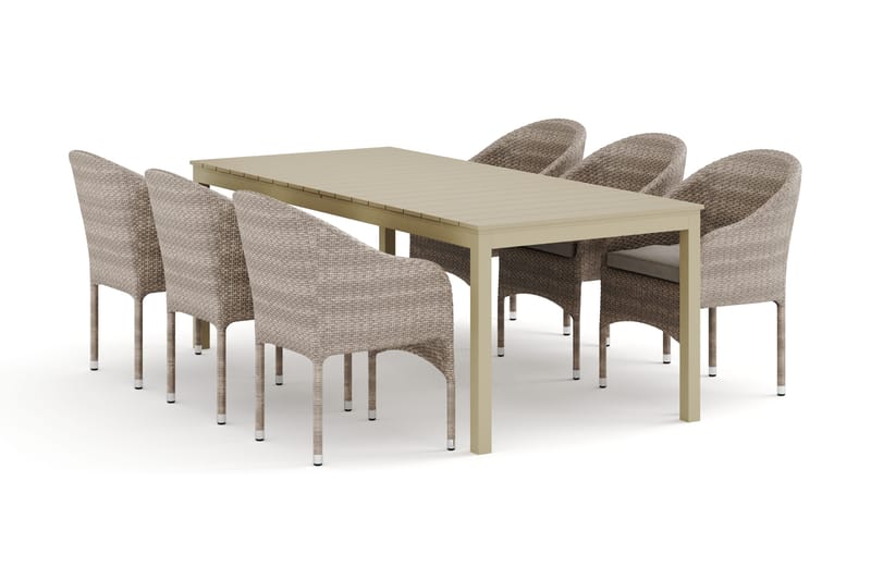 Tunis udendørs spisegruppe med udtræk 205/305x90 cm med 6 Thor lænestole, Beige/Beige